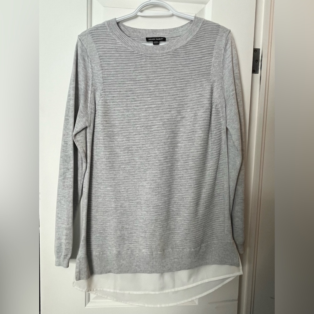 Gray Striped Sweater with Layered Hem